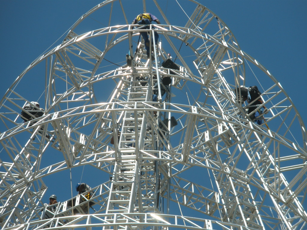 Close-Up of Riggers building a truss Christmas Tree